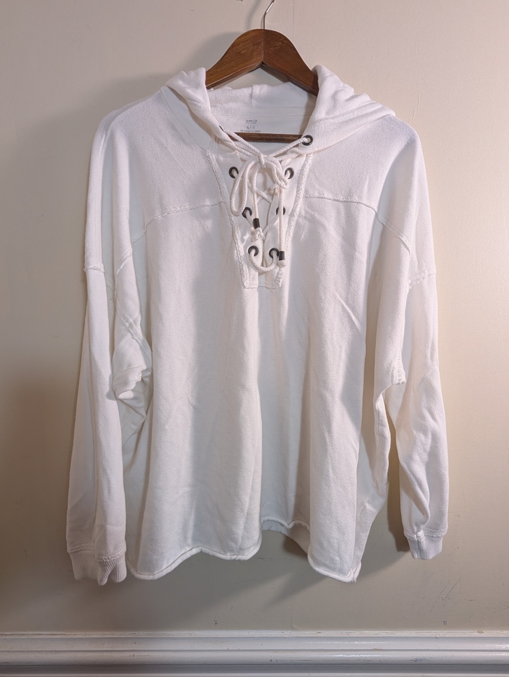 Aerie White Oversized Cotton Lace Up Hoodie Pullover Sweatshirt - Picture 8 of 8